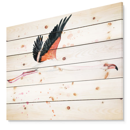 Watercolor pink flamingo - Animals Painting Print on Natural Pine Wood