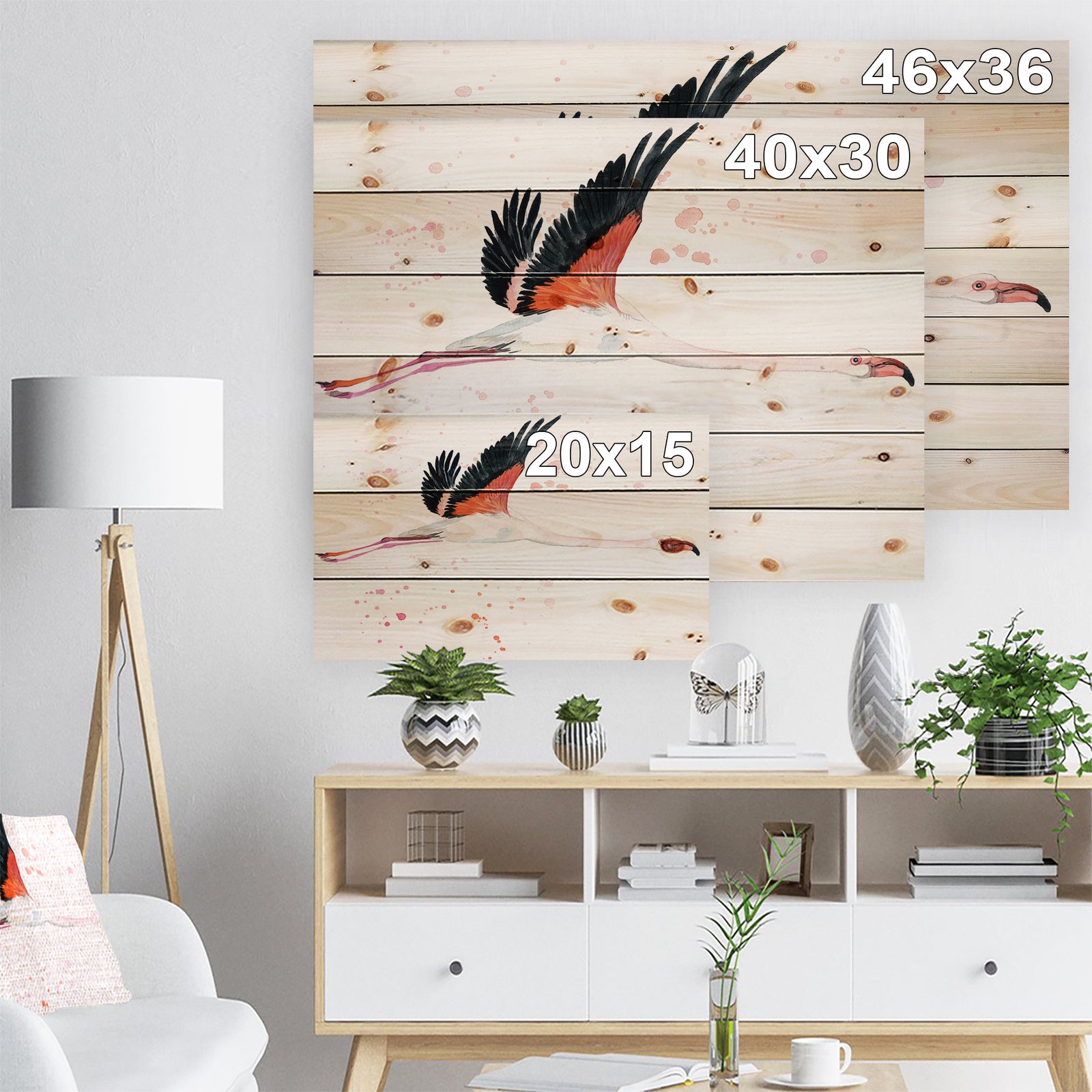 Watercolor pink flamingo - Animals Painting Print on Natural Pine Wood
