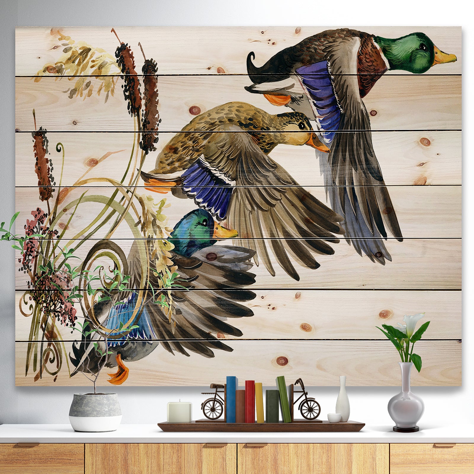 Three Flying Ducks in Colored illustration - Farmhouse Animal Painting Print on Natural Pine Wood