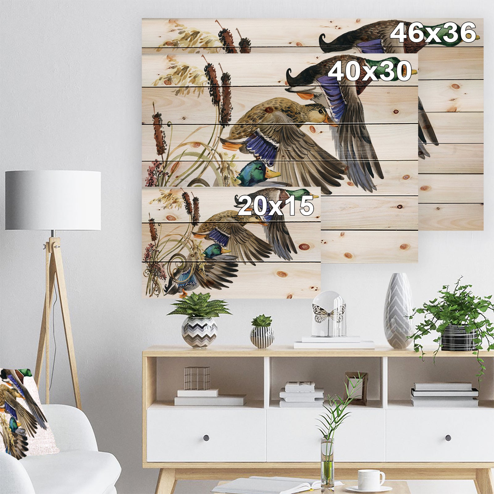 Three Flying Ducks in Colored illustration - Farmhouse Animal Painting Print on Natural Pine Wood