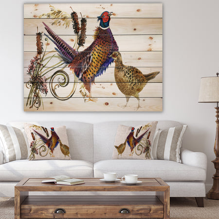 Pheasant Bird watercolor illustration - Farmhouse Animal Painting Print on Natural Pine Wood