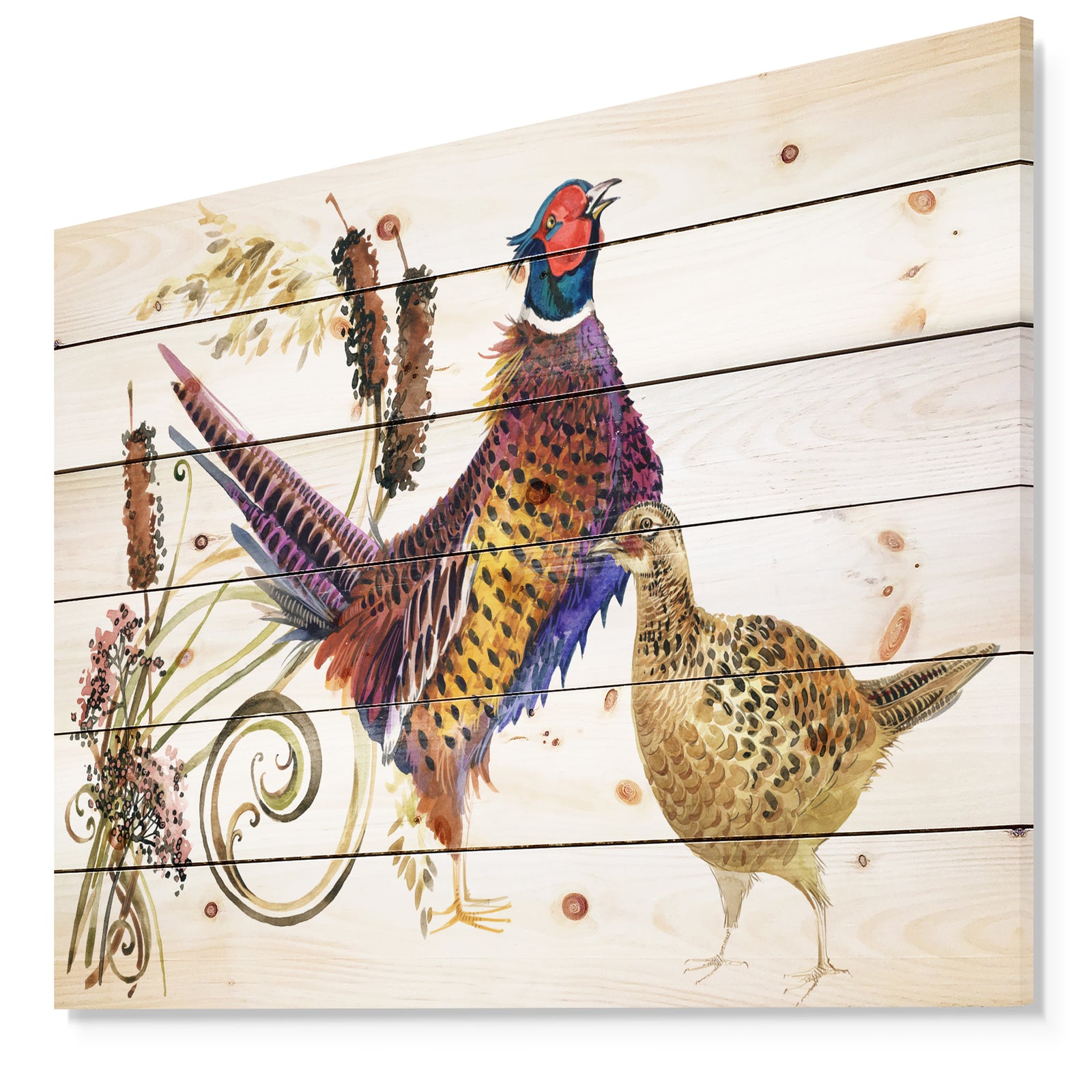 Pheasant Bird watercolor illustration - Farmhouse Animal Painting Print on Natural Pine Wood