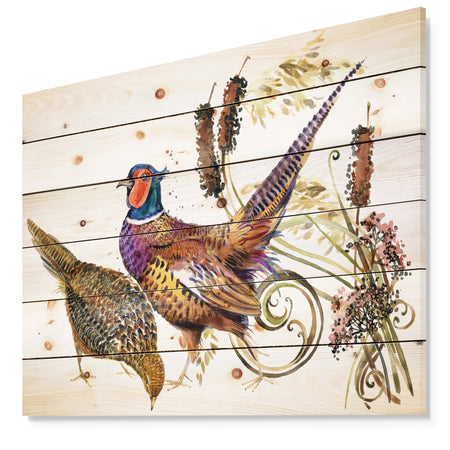Bird pheasant watercolor illustration - Farmhouse Animal Painting Print on Natural Pine Wood