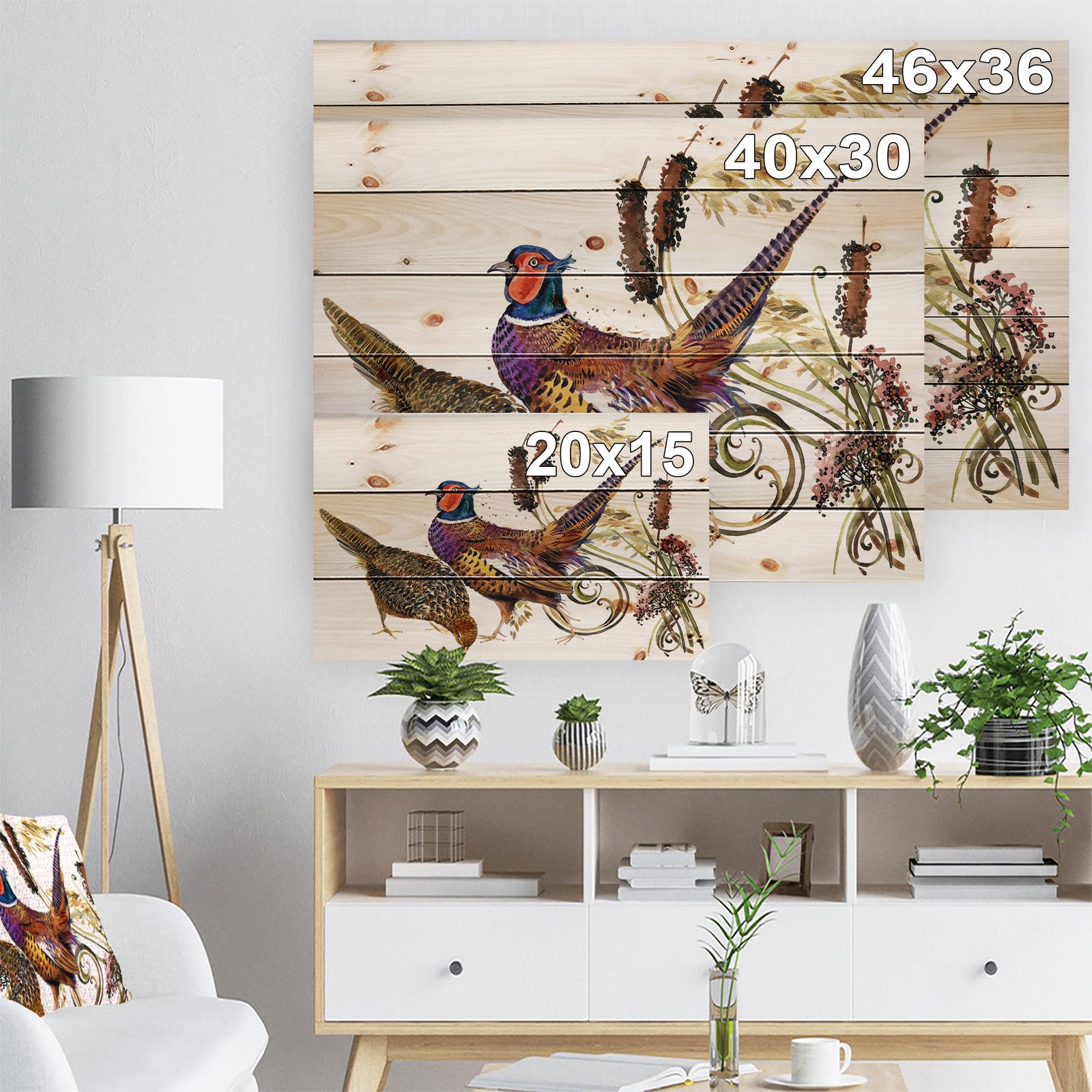 Bird pheasant watercolor illustration - Farmhouse Animal Painting Print on Natural Pine Wood