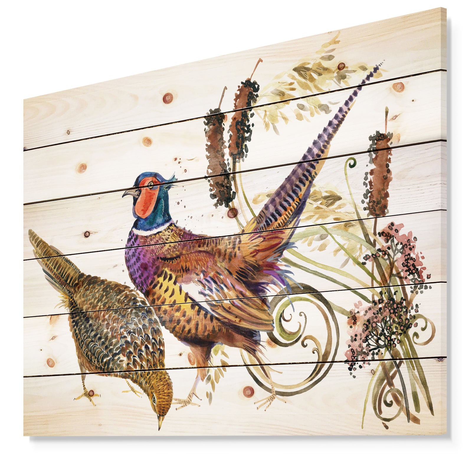 Bird pheasant watercolor illustration - Farmhouse Animal Painting Print on Natural Pine Wood