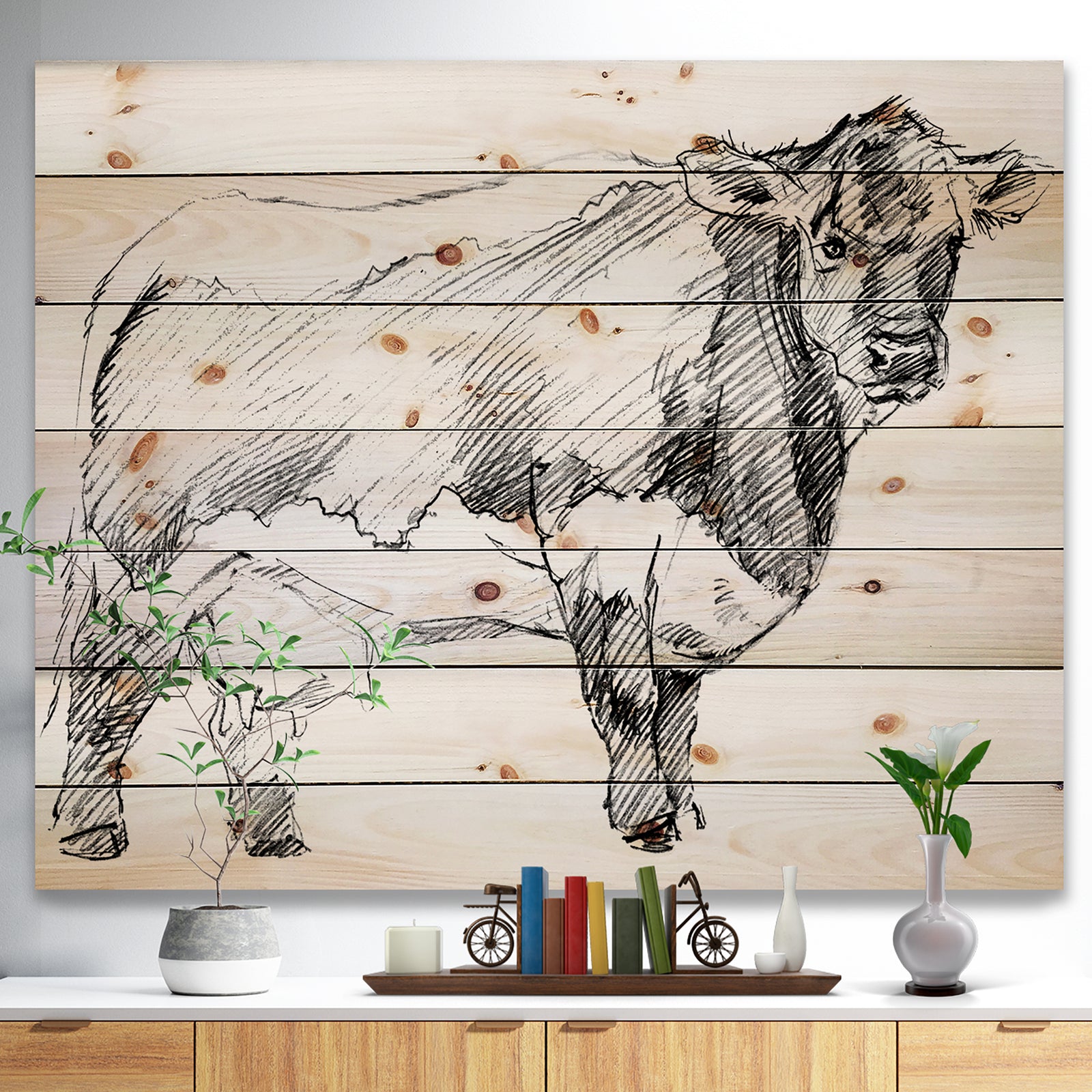 Handdrawn Dairy cow - Sketch of Farmhouse Animals of Painting Print on Natural Pine Wood
