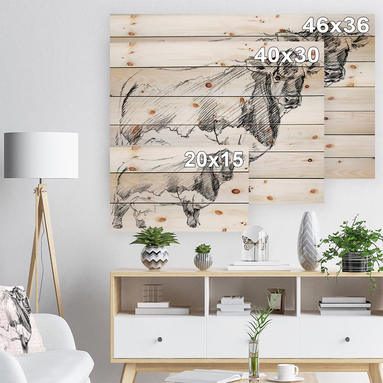 Handdrawn Dairy cow - Sketch of Farmhouse Animals of Painting Print on Natural Pine Wood