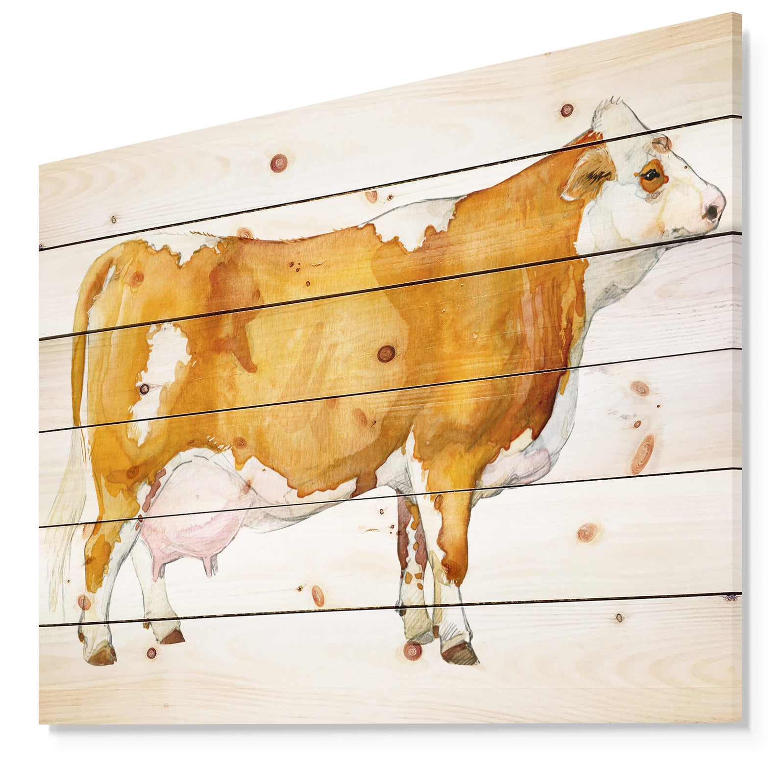 Watercolor Dairy cow - Farmhouse Animal Painting Print on Natural Pine Wood