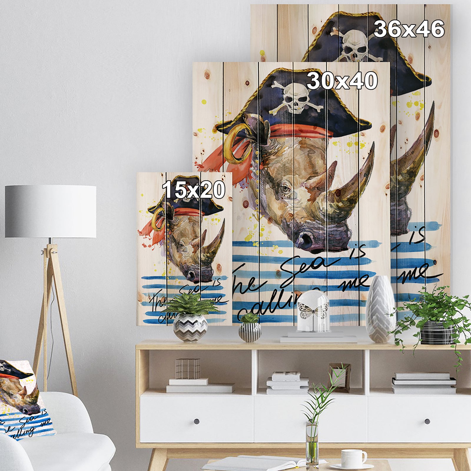 Pirate animal in hat The Sea is Calling Me - Animals Sea & Shore Print on Natural Pine Wood