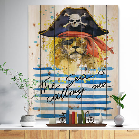 Pirate Tiger in hat The Sea is Calling Me - Animals Sea & Shore Print on Natural Pine Wood