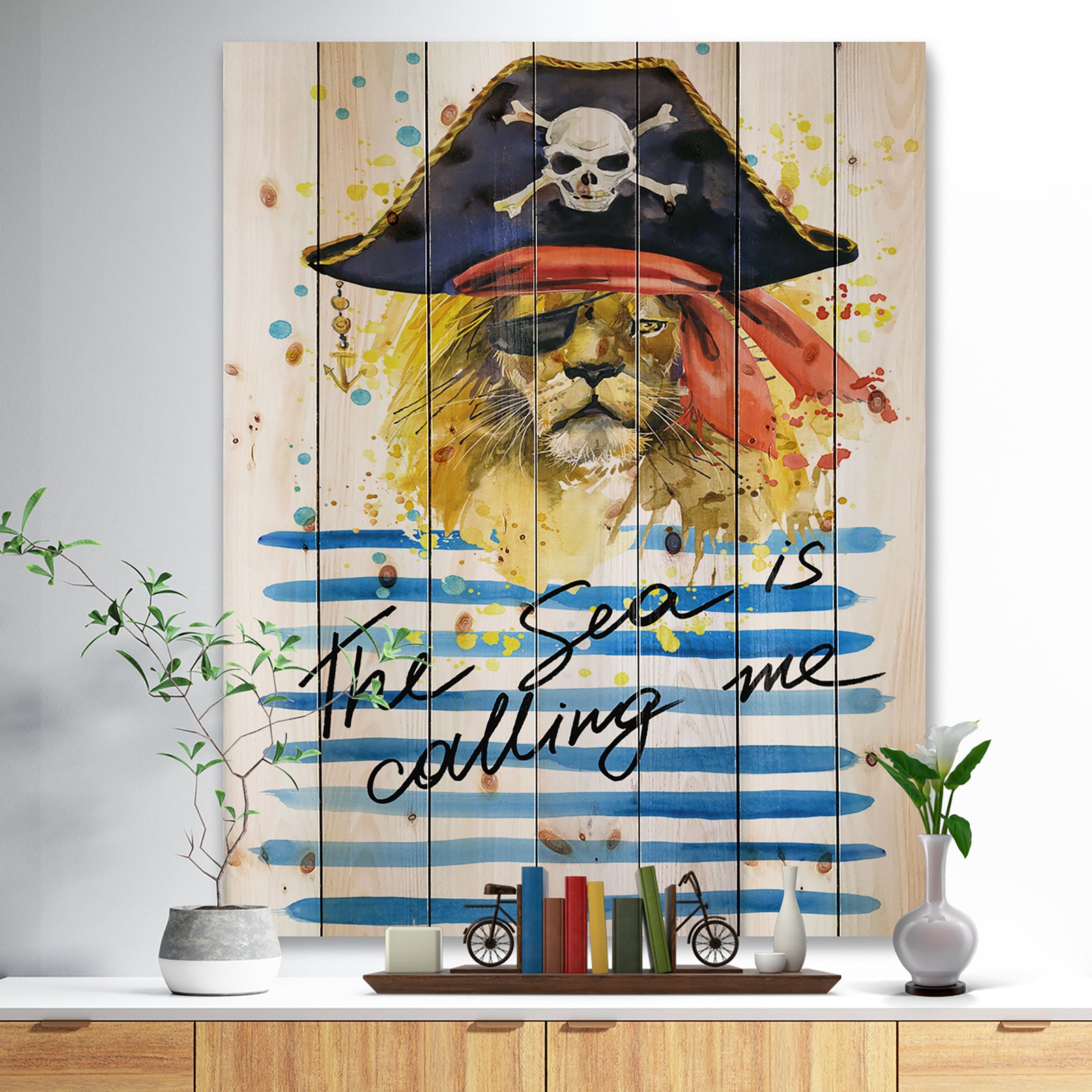 Pirate Tiger in hat The Sea is Calling Me - Animals Sea & Shore Print on Natural Pine Wood