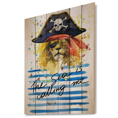 Pirate Tiger in hat The Sea is Calling Me - Animals Sea & Shore Print on Natural Pine Wood