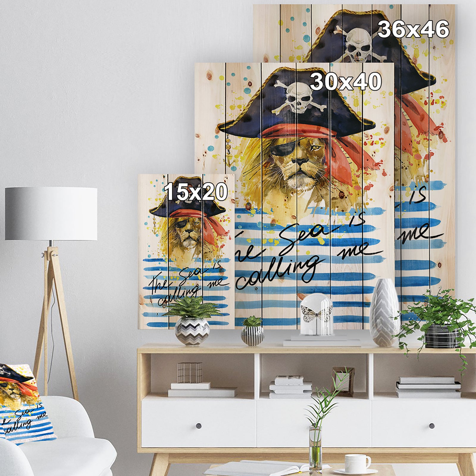 Pirate Tiger in hat The Sea is Calling Me - Animals Sea & Shore Print on Natural Pine Wood