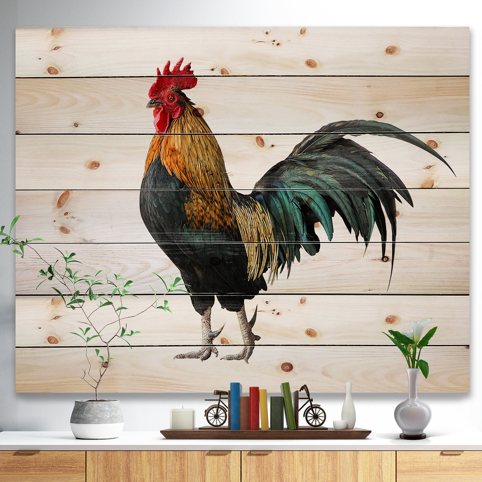 chicken rooster - Farmhouse Animals of Painting Print on Natural Pine Wood