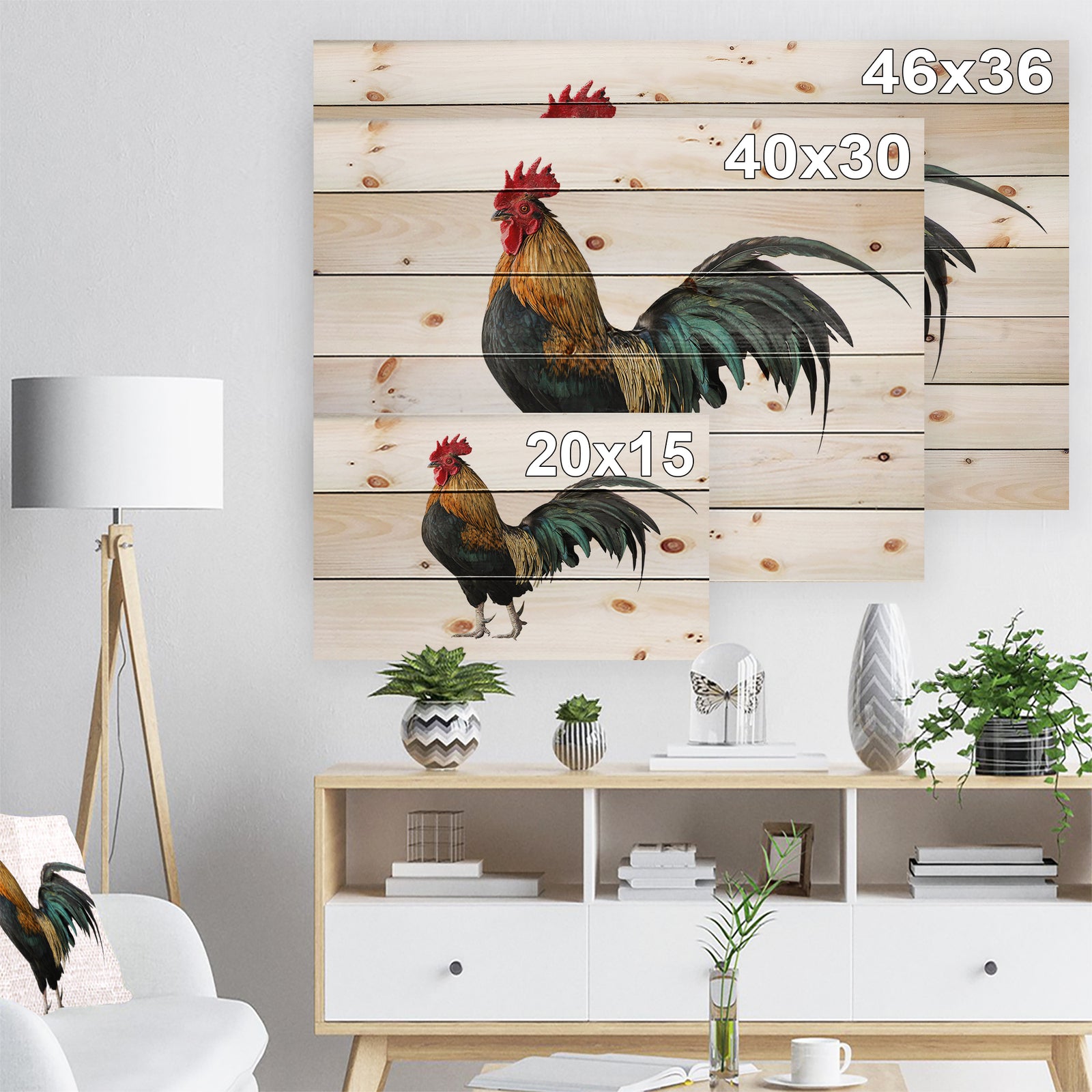 chicken rooster - Farmhouse Animals of Painting Print on Natural Pine Wood