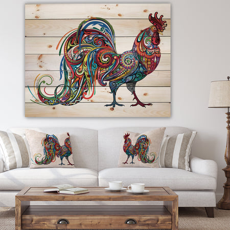 Cockerel farm animal - Farmhouse Animals of Painting Print on Natural Pine Wood