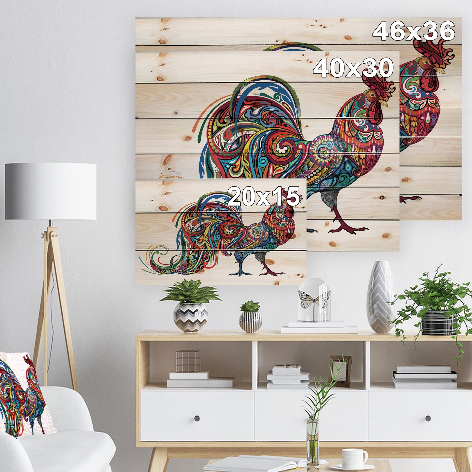 Cockerel farm animal - Farmhouse Animals of Painting Print on Natural Pine Wood