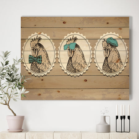 Handdrawn vintage rooster hipster style - Farmhouse Animals of Painting Print on Natural Pine Wood
