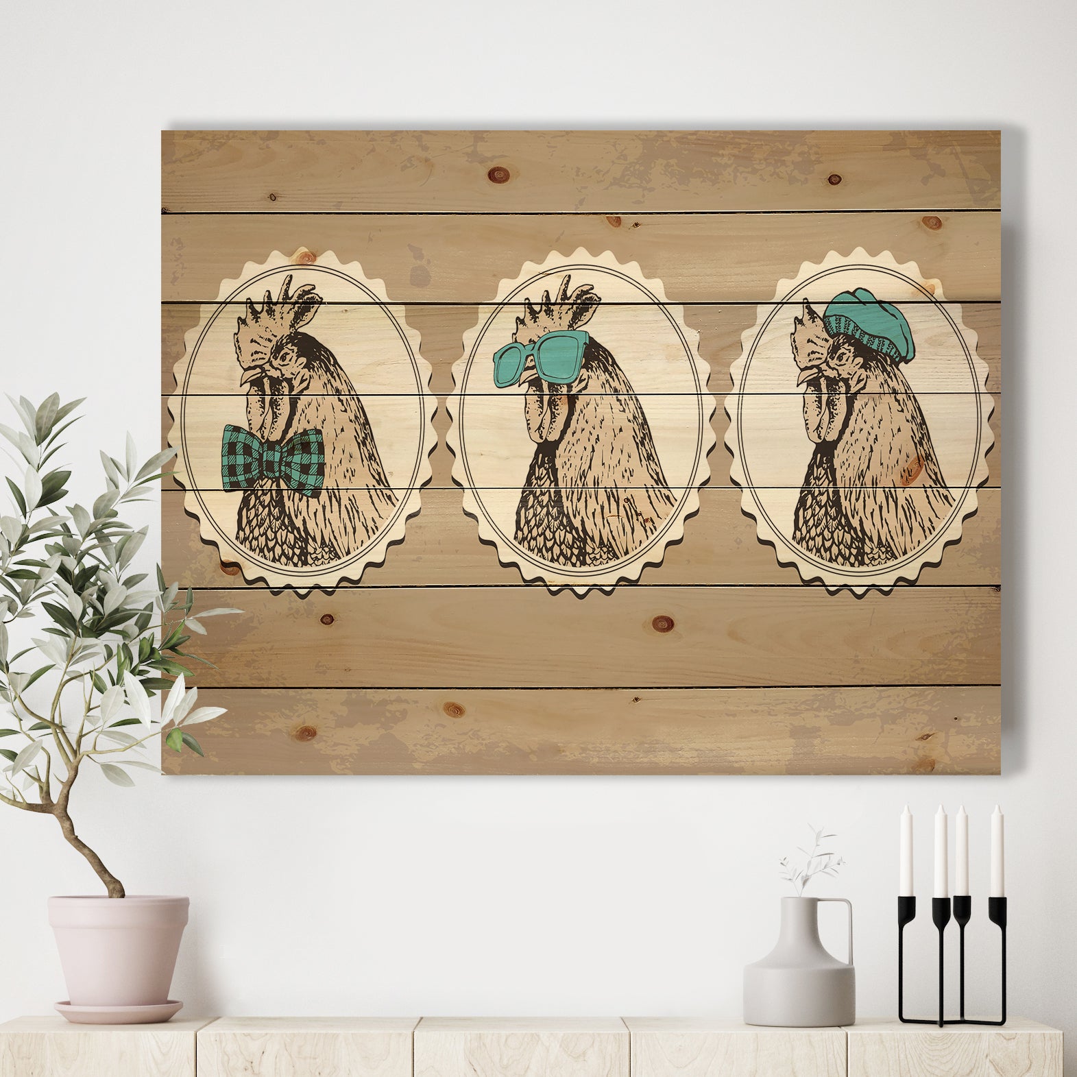 Handdrawn vintage rooster hipster style - Farmhouse Animals of Painting Print on Natural Pine Wood