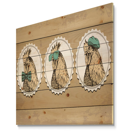 Handdrawn vintage rooster hipster style - Farmhouse Animals of Painting Print on Natural Pine Wood