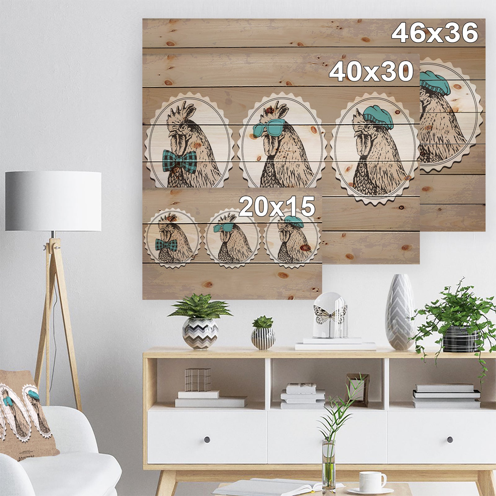 Handdrawn vintage rooster hipster style - Farmhouse Animals of Painting Print on Natural Pine Wood