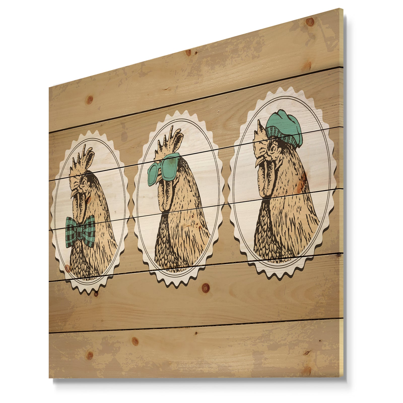 Handdrawn vintage rooster hipster style - Farmhouse Animals of Painting Print on Natural Pine Wood