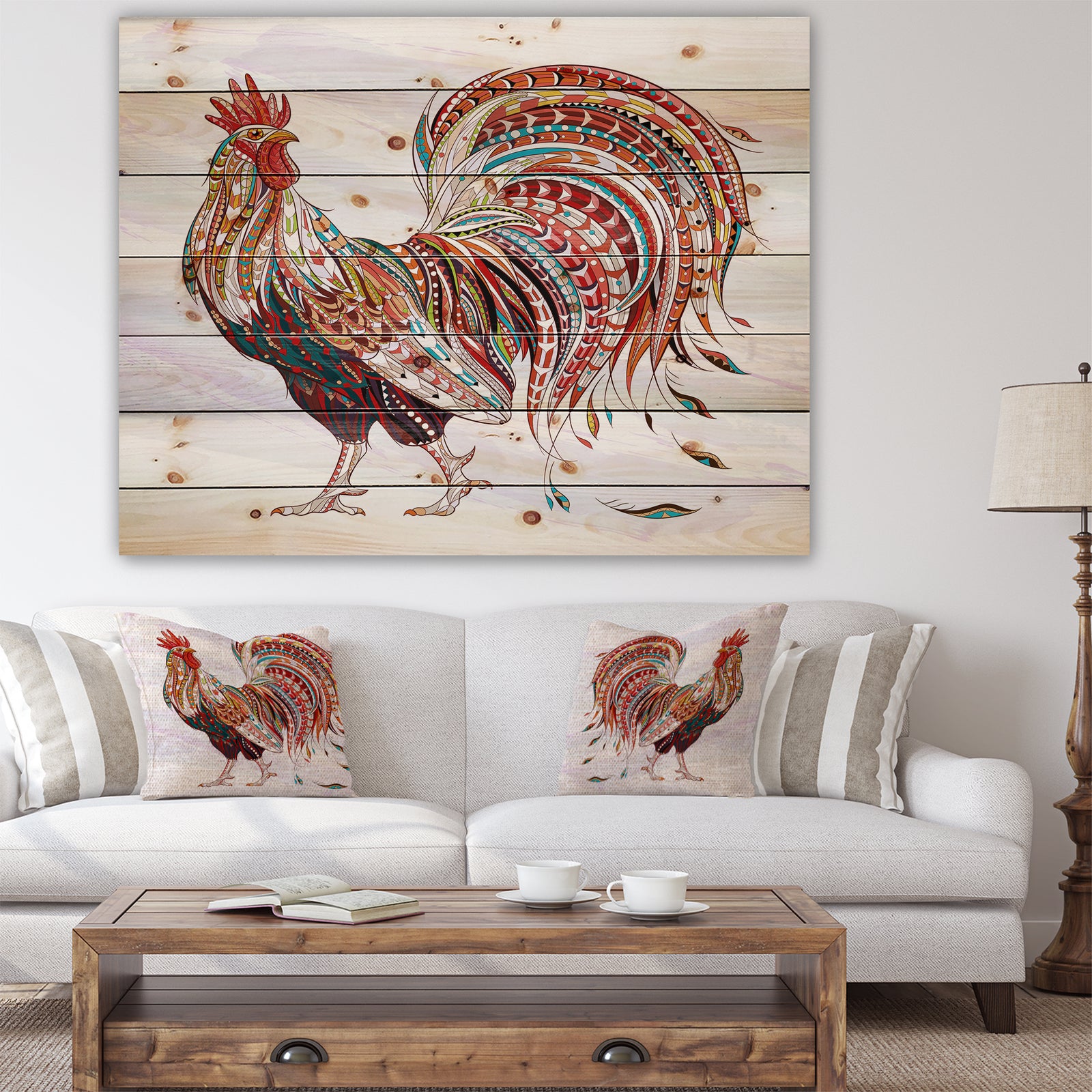 Patterned rooster Symbol of chinese new year - Farmhouse Animals of Painting Print on Natural Pine Wood