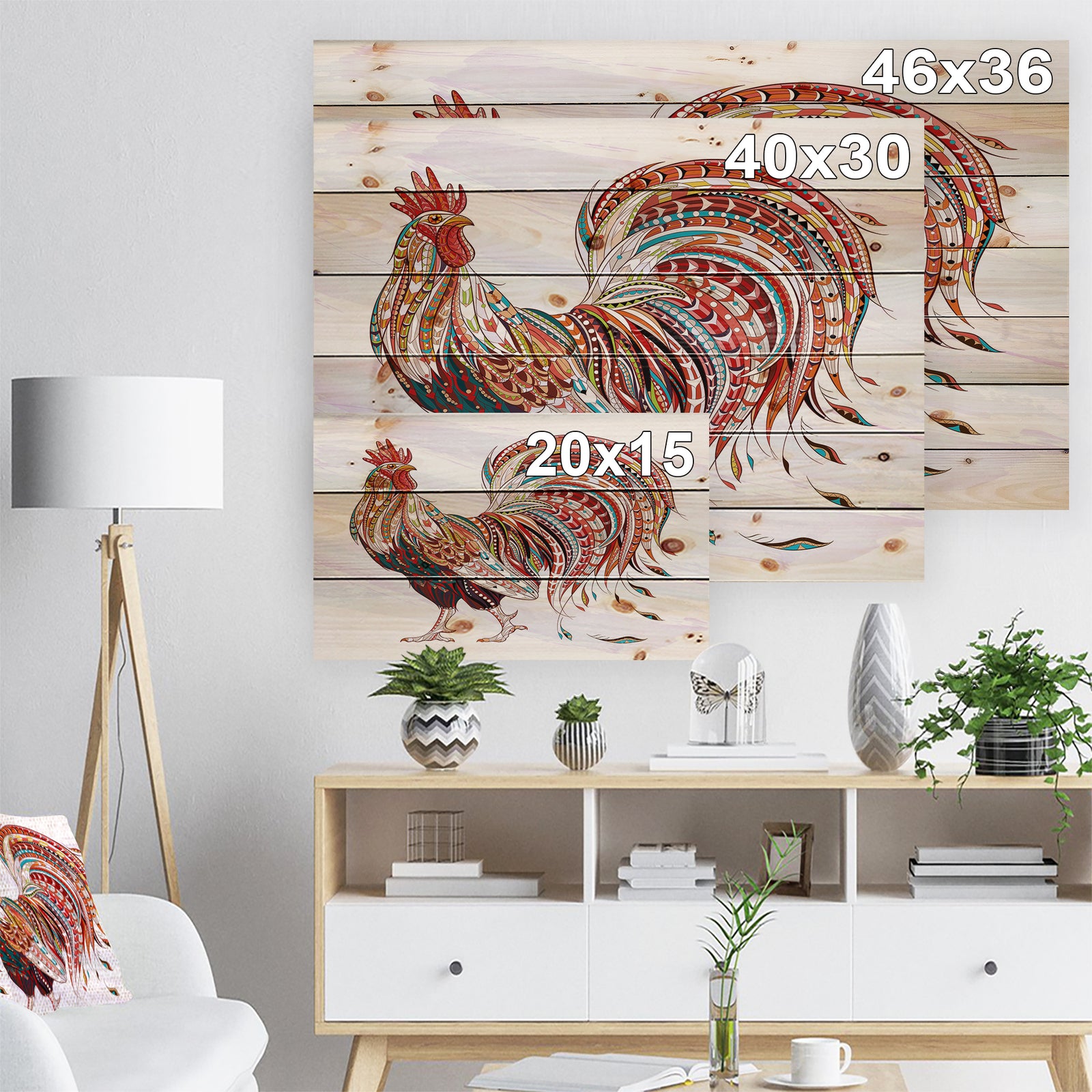 Patterned rooster Symbol of chinese new year - Farmhouse Animals of Painting Print on Natural Pine Wood