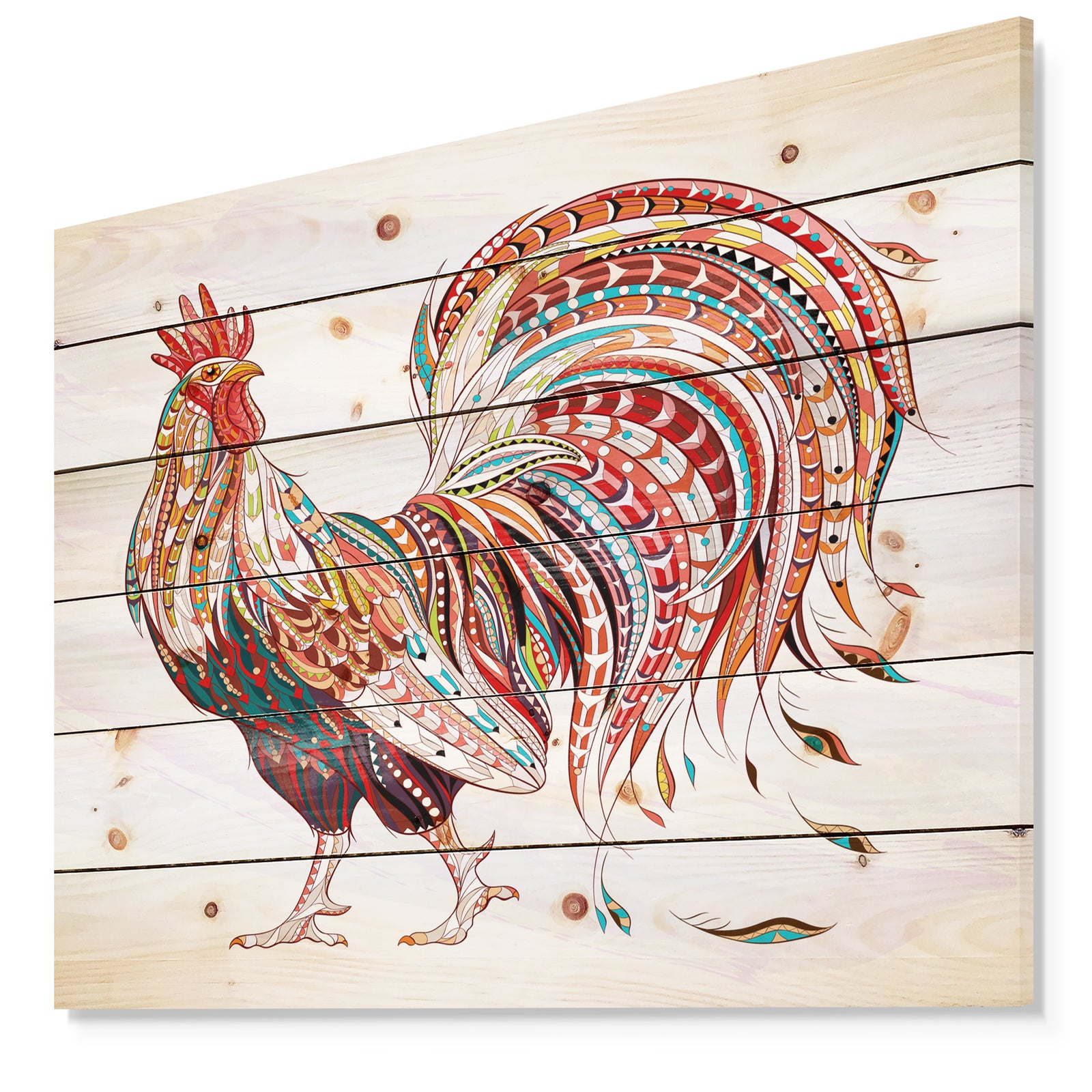 Patterned rooster Symbol of chinese new year - Farmhouse Animals of Painting Print on Natural Pine Wood