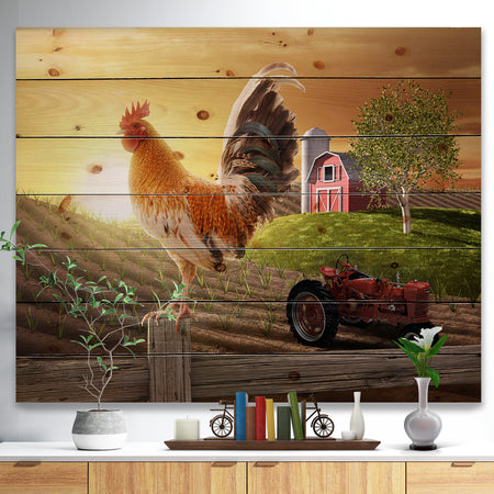 Country Farm Morning - Farmhouse Animal Painting Print on Natural Pine Wood