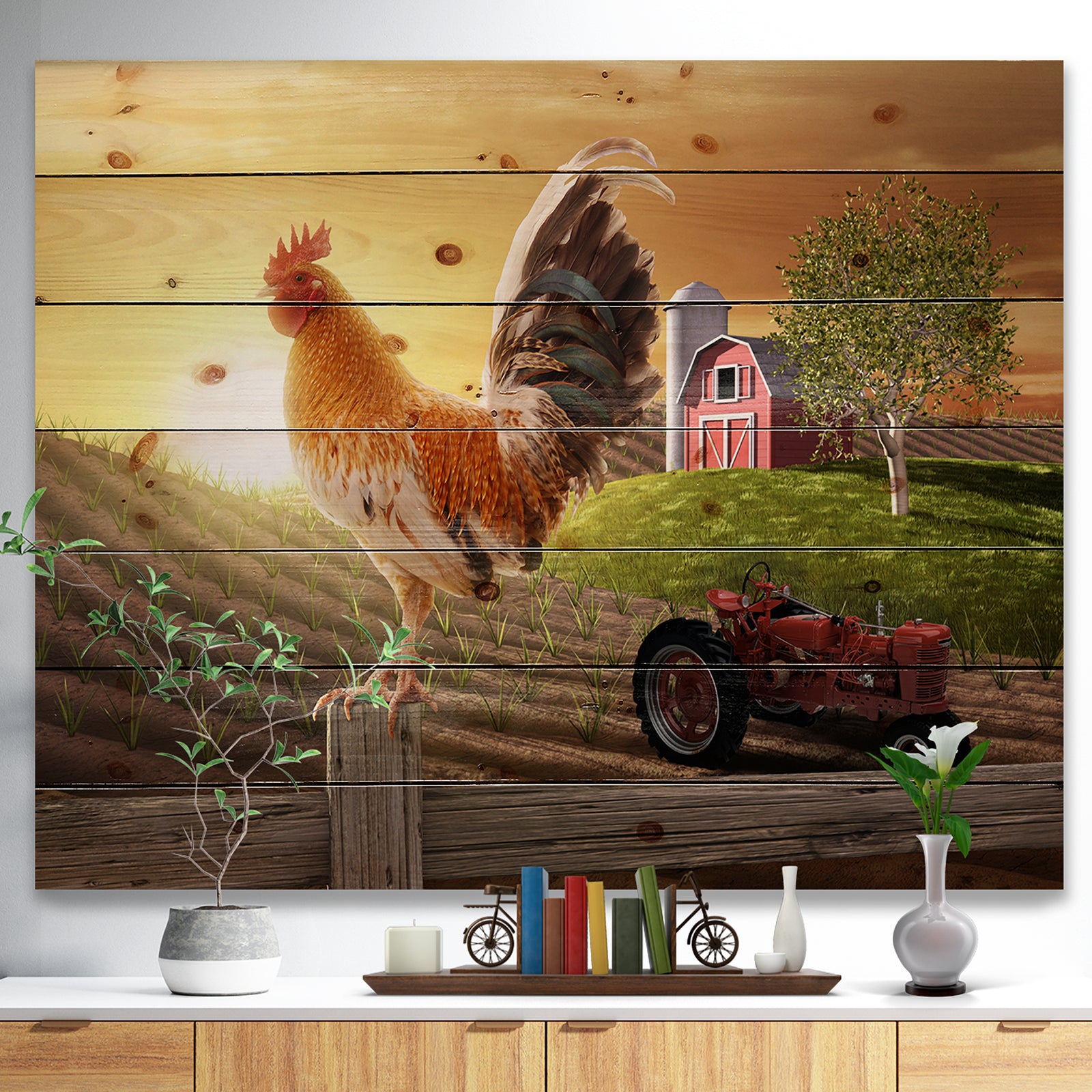 Country Farm Morning - Farmhouse Animal Painting Print on Natural Pine Wood