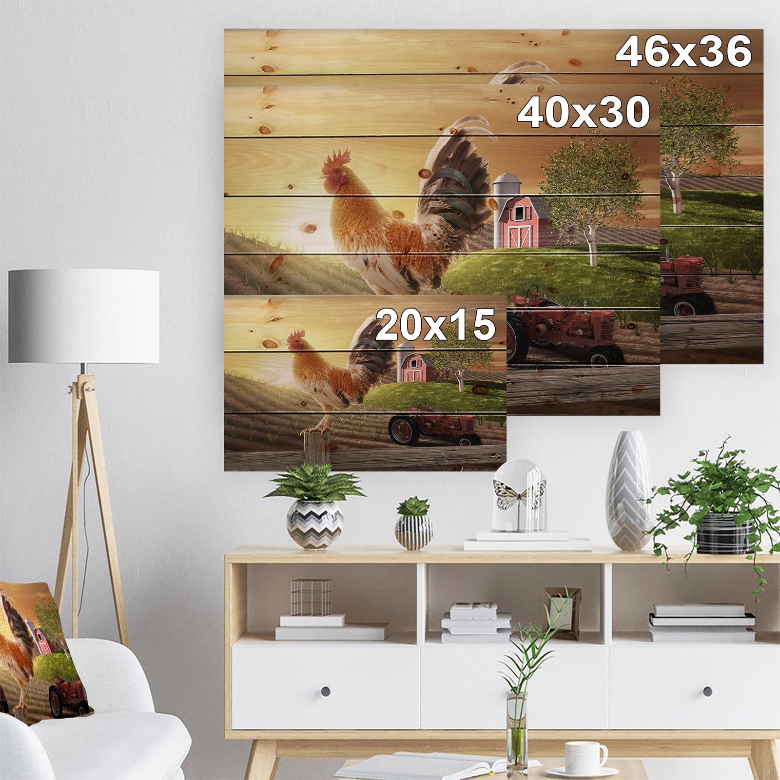 Country Farm Morning - Farmhouse Animal Painting Print on Natural Pine Wood