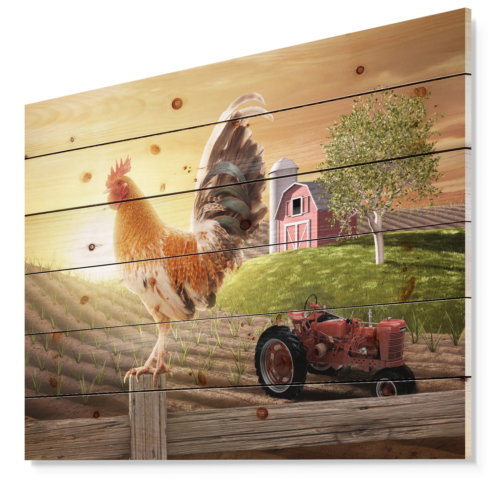 Country Farm Morning - Farmhouse Animal Painting Print on Natural Pine Wood