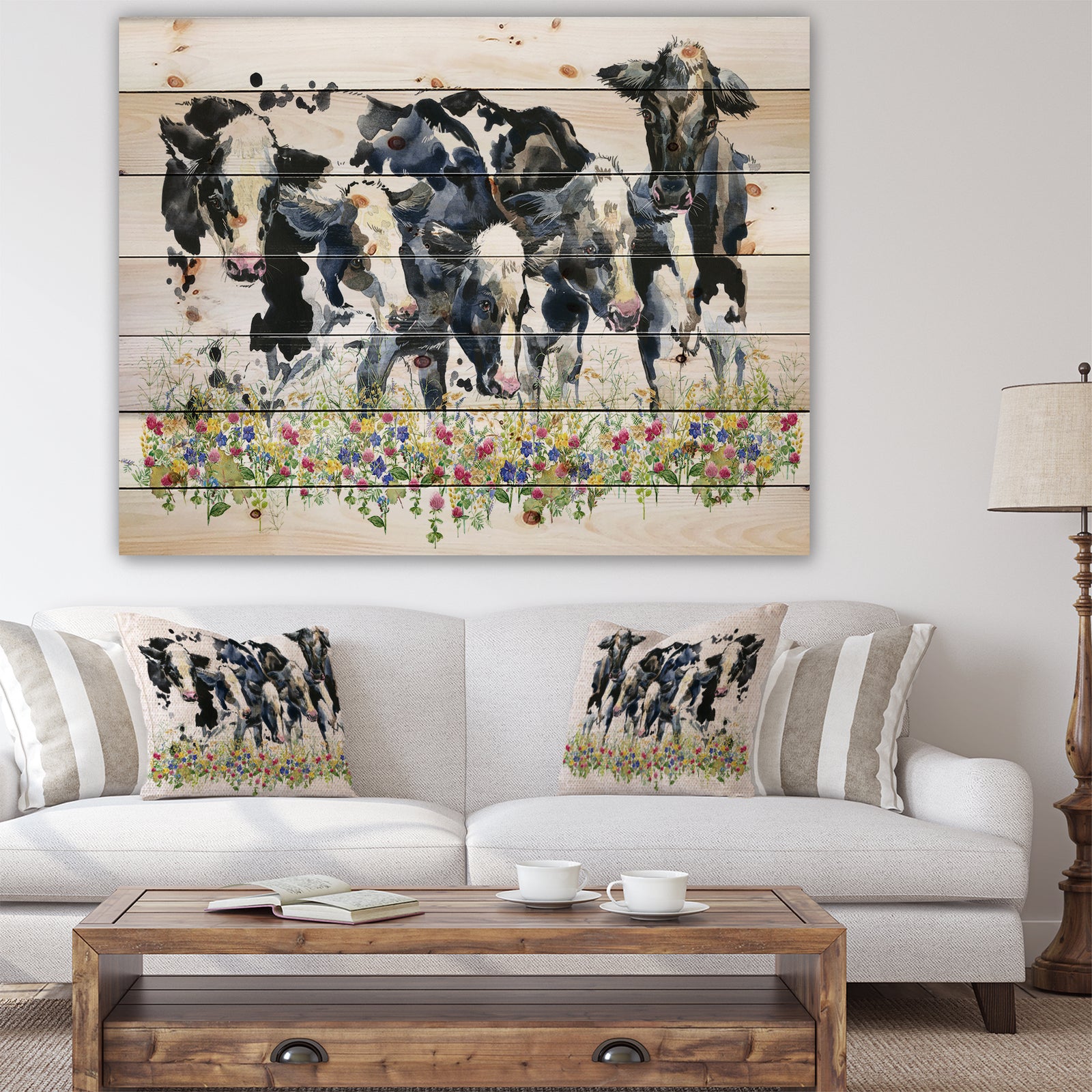 Dairy cow on the field watercolor illustration. - Farmhouse Animal Painting Print on Natural Pine Wood