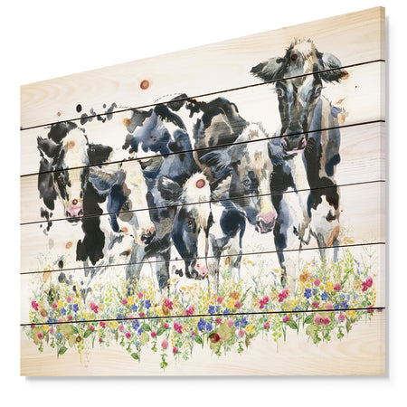 Dairy cow on the field watercolor illustration. - Farmhouse Animal Painting Print on Natural Pine Wood