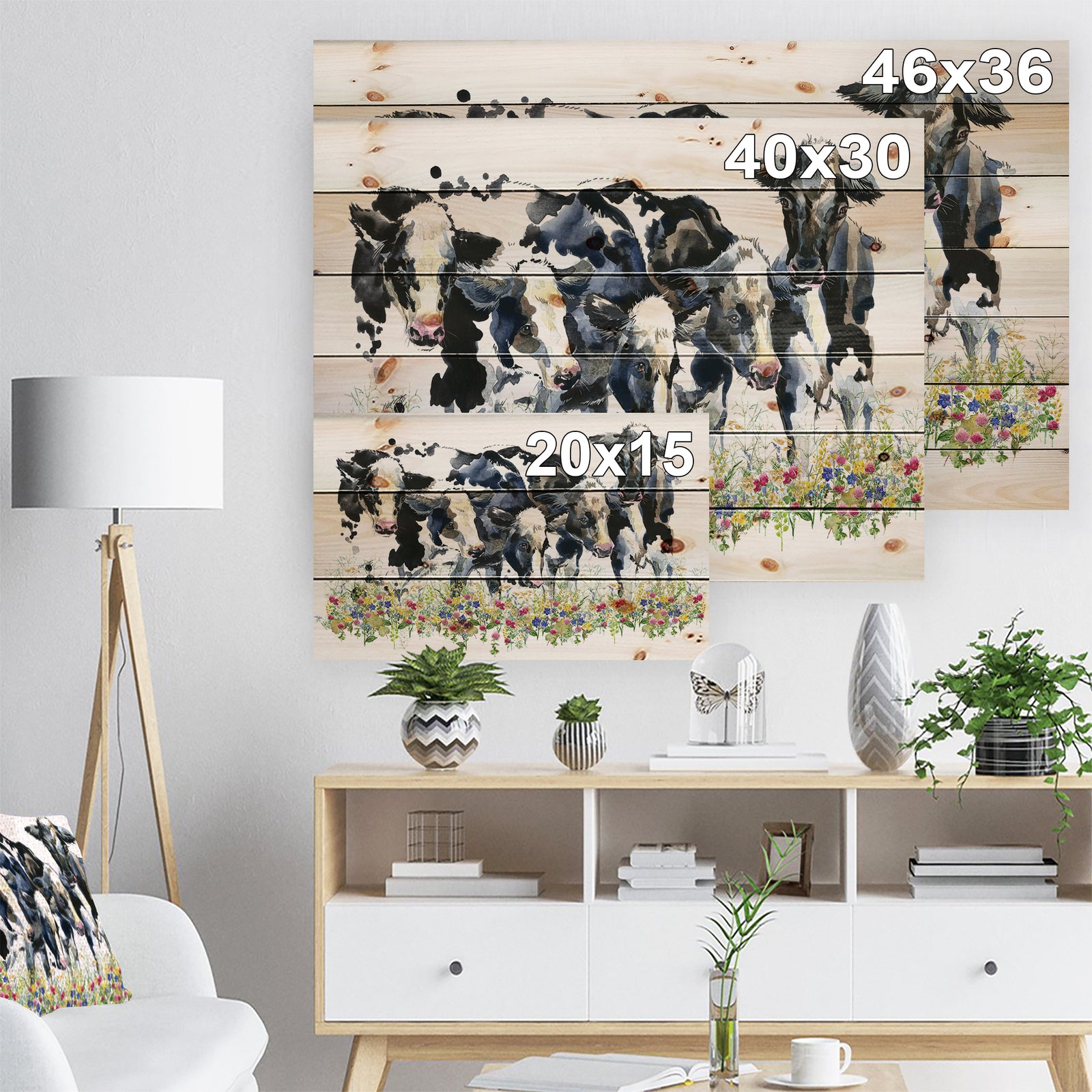 Dairy cow on the field watercolor illustration. - Farmhouse Animal Painting Print on Natural Pine Wood