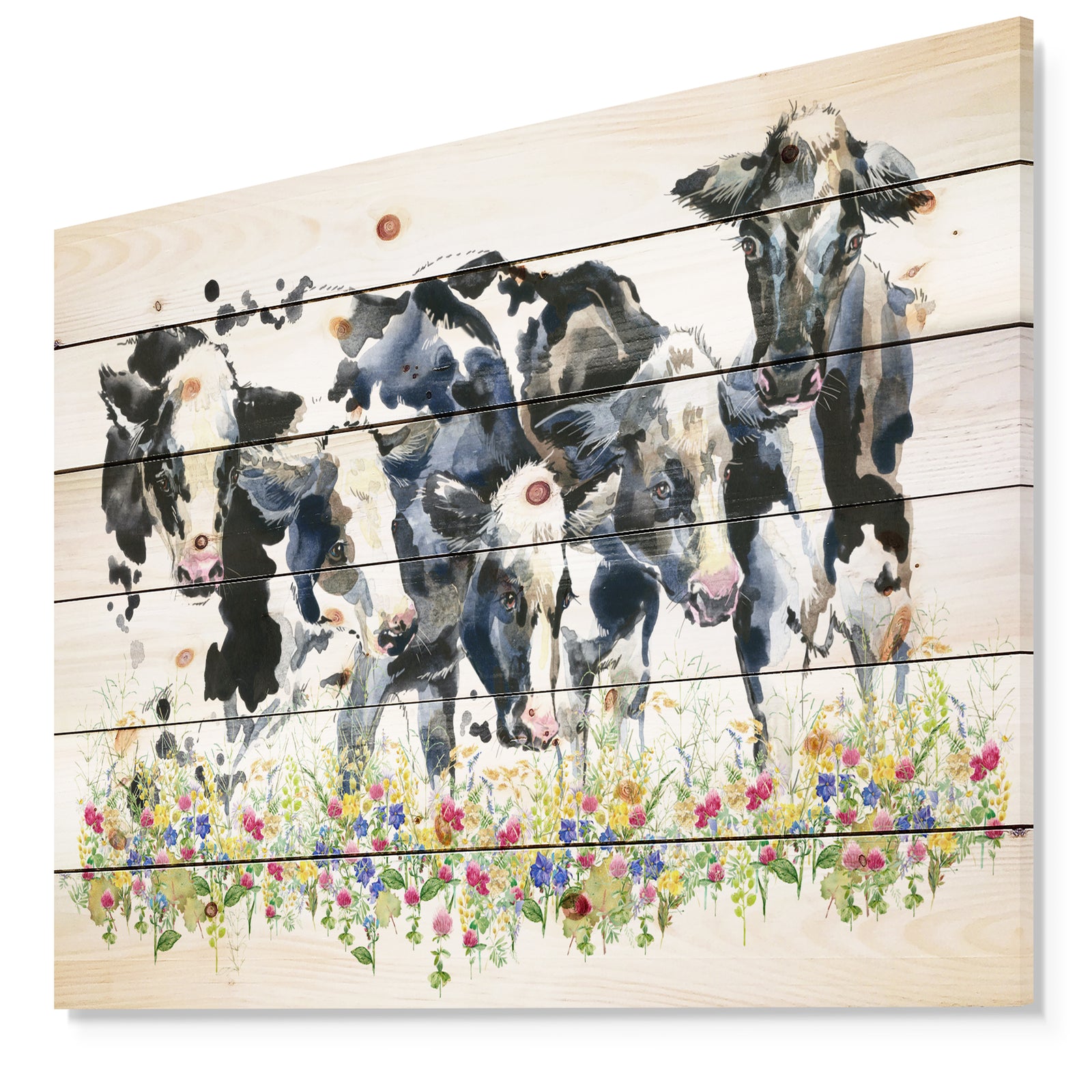Dairy cow on the field watercolor illustration. - Farmhouse Animal Painting Print on Natural Pine Wood