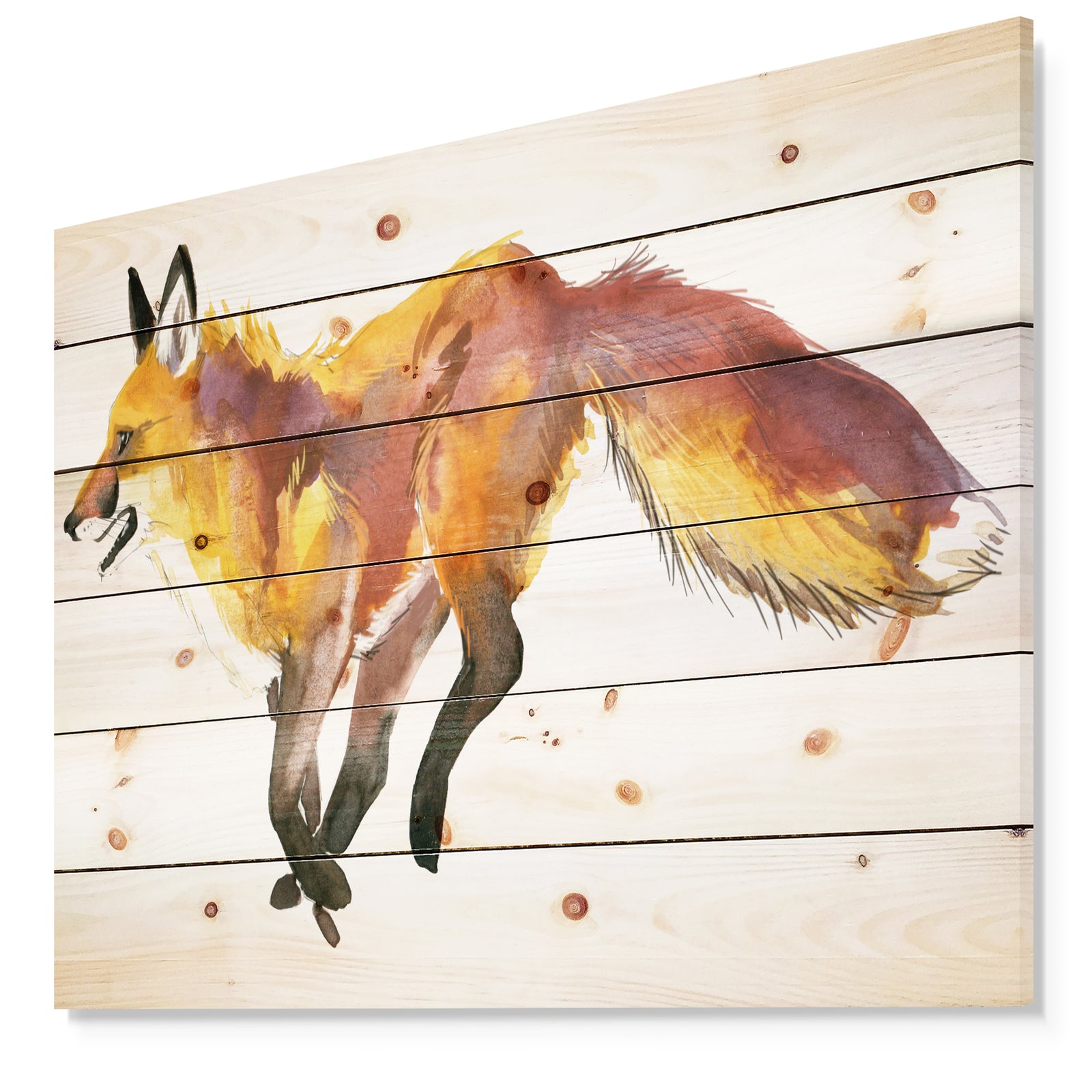 Cute fox wtercolor illustration - Animals Painting Print on Natural Pine Wood
