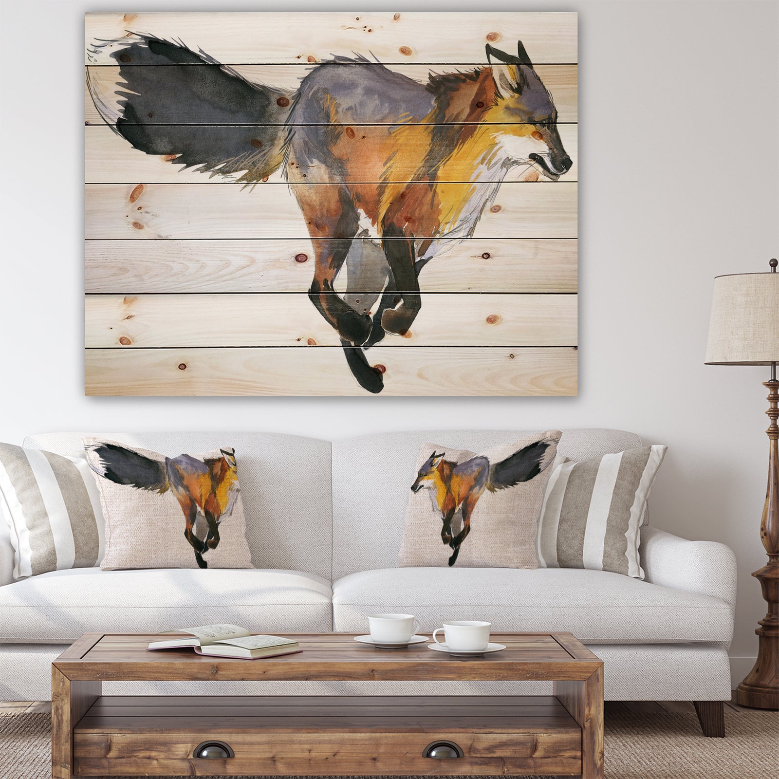 Running Fox watercolor illustration - Animals Painting Print on Natural Pine Wood