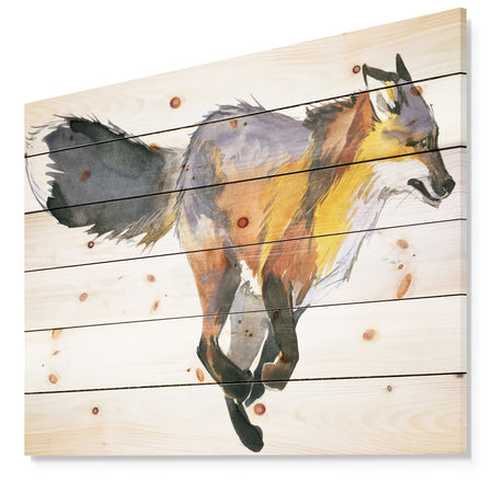 Running Fox watercolor illustration - Animals Painting Print on Natural Pine Wood
