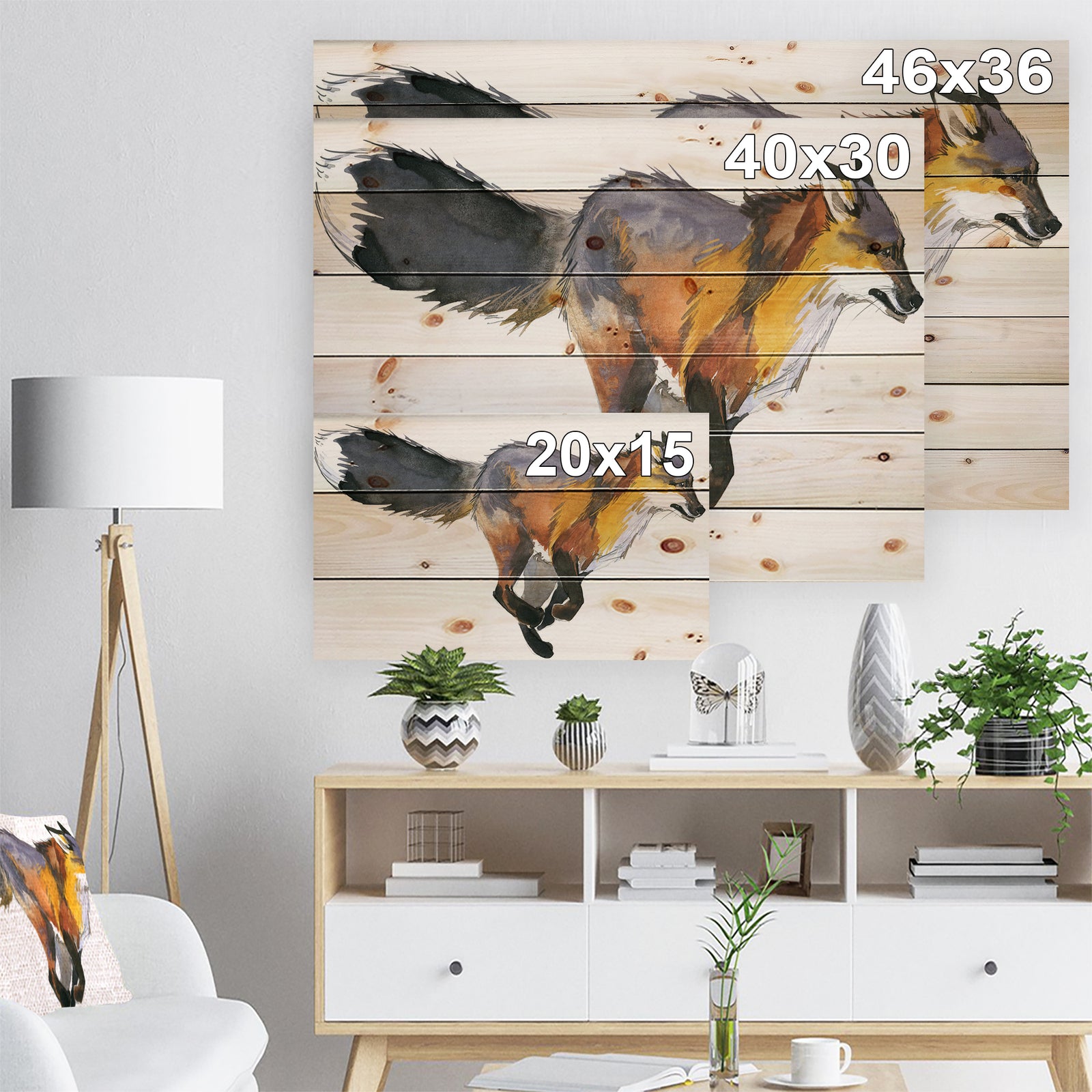 Running Fox watercolor illustration - Animals Painting Print on Natural Pine Wood