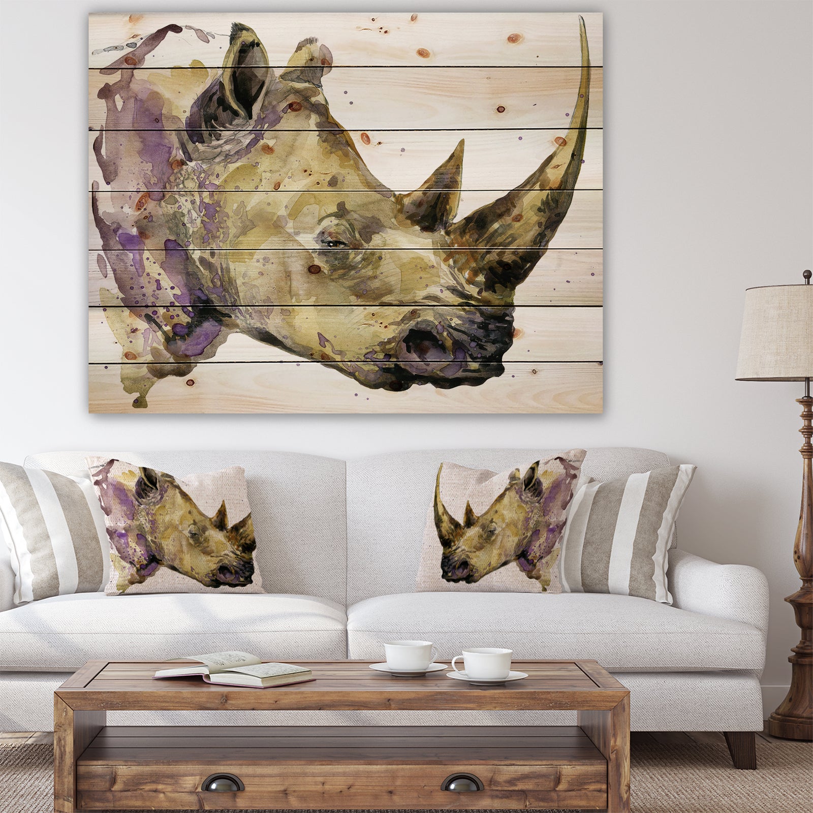 Rhinoceros watercolor - Animals Painting Print on Natural Pine Wood