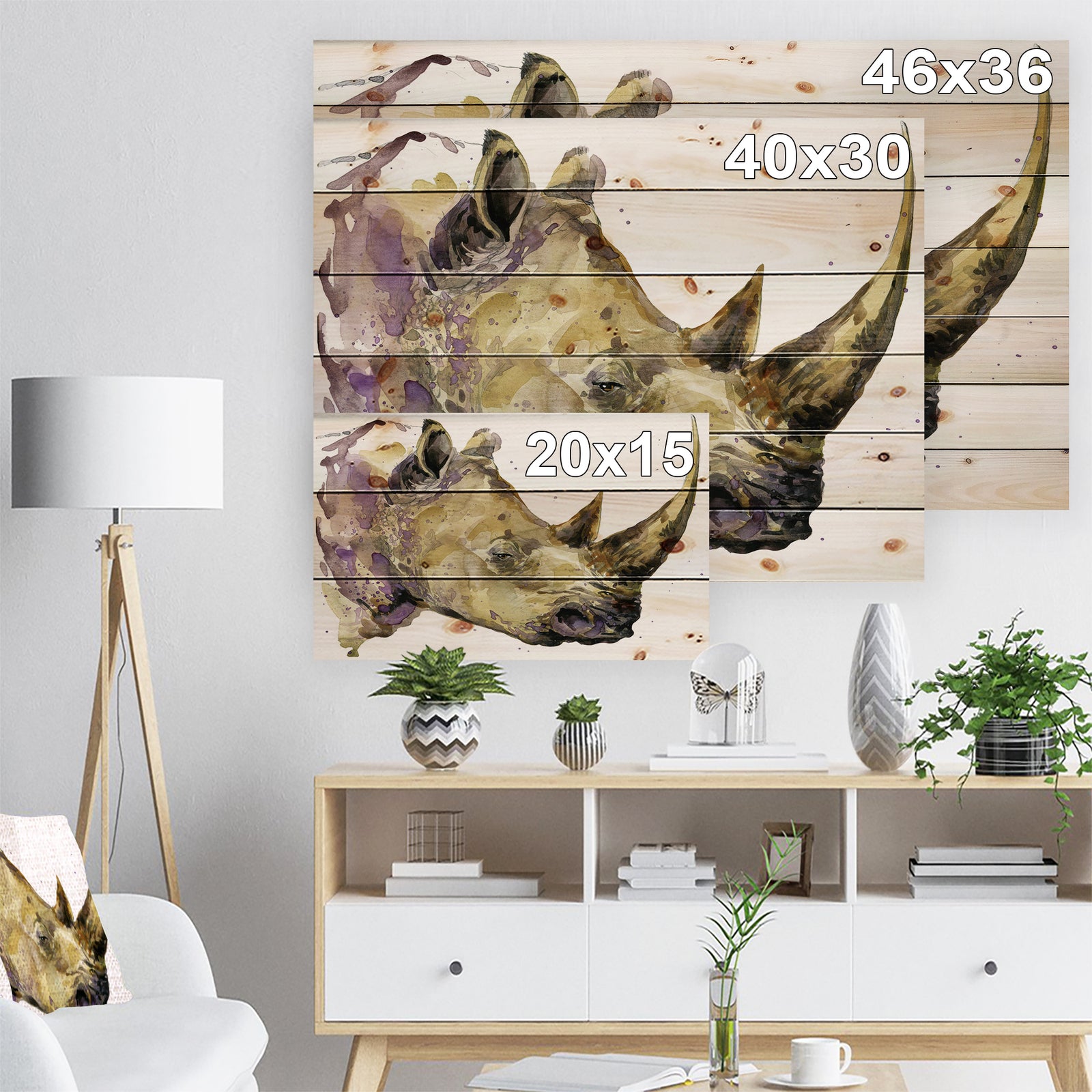 Rhinoceros watercolor - Animals Painting Print on Natural Pine Wood