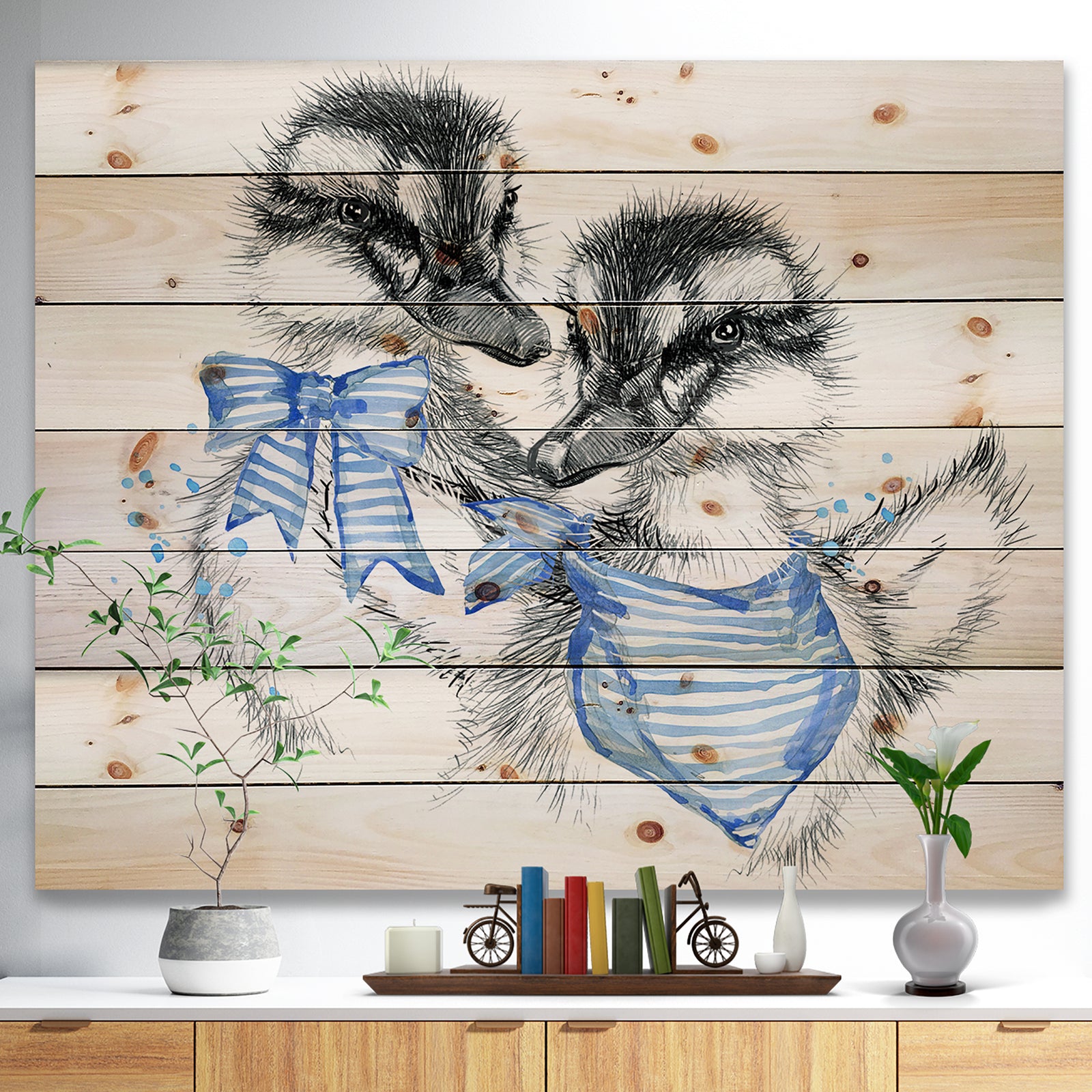 Cute Two Little Duckling - Animals Painting Print on Natural Pine Wood