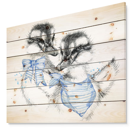 Cute Two Little Duckling - Animals Painting Print on Natural Pine Wood