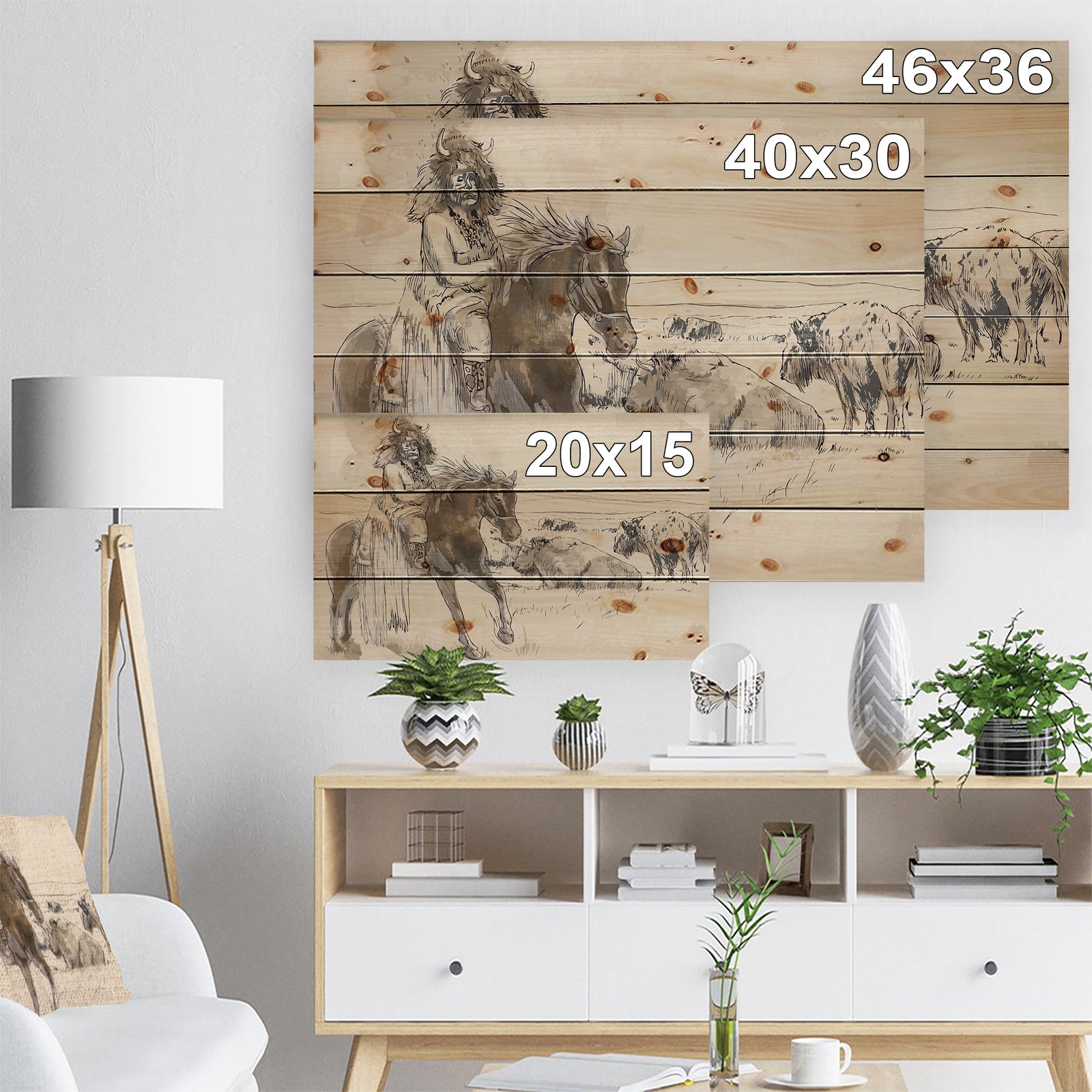 Indian Chief Riding Horse - Sketch of Indian Animals Painting Print on Natural Pine Wood