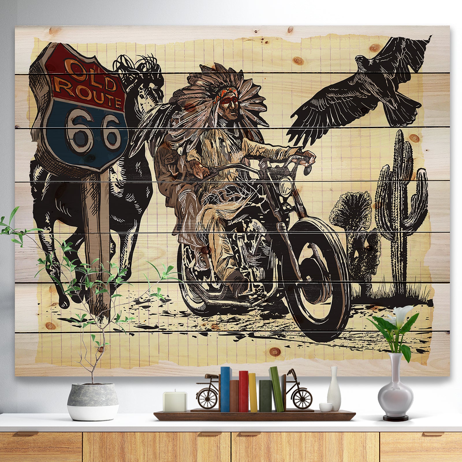 Native American in Motorcycle - Sketch of Indian Animals Painting Print on Natural Pine Wood
