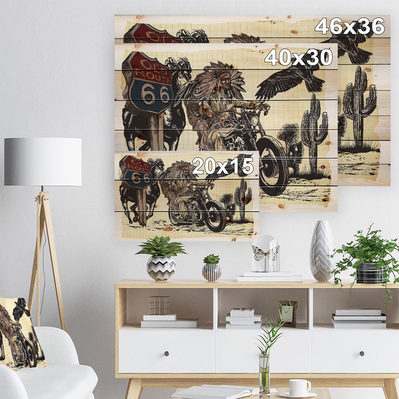 Native American in Motorcycle - Sketch of Indian Animals Painting Print on Natural Pine Wood