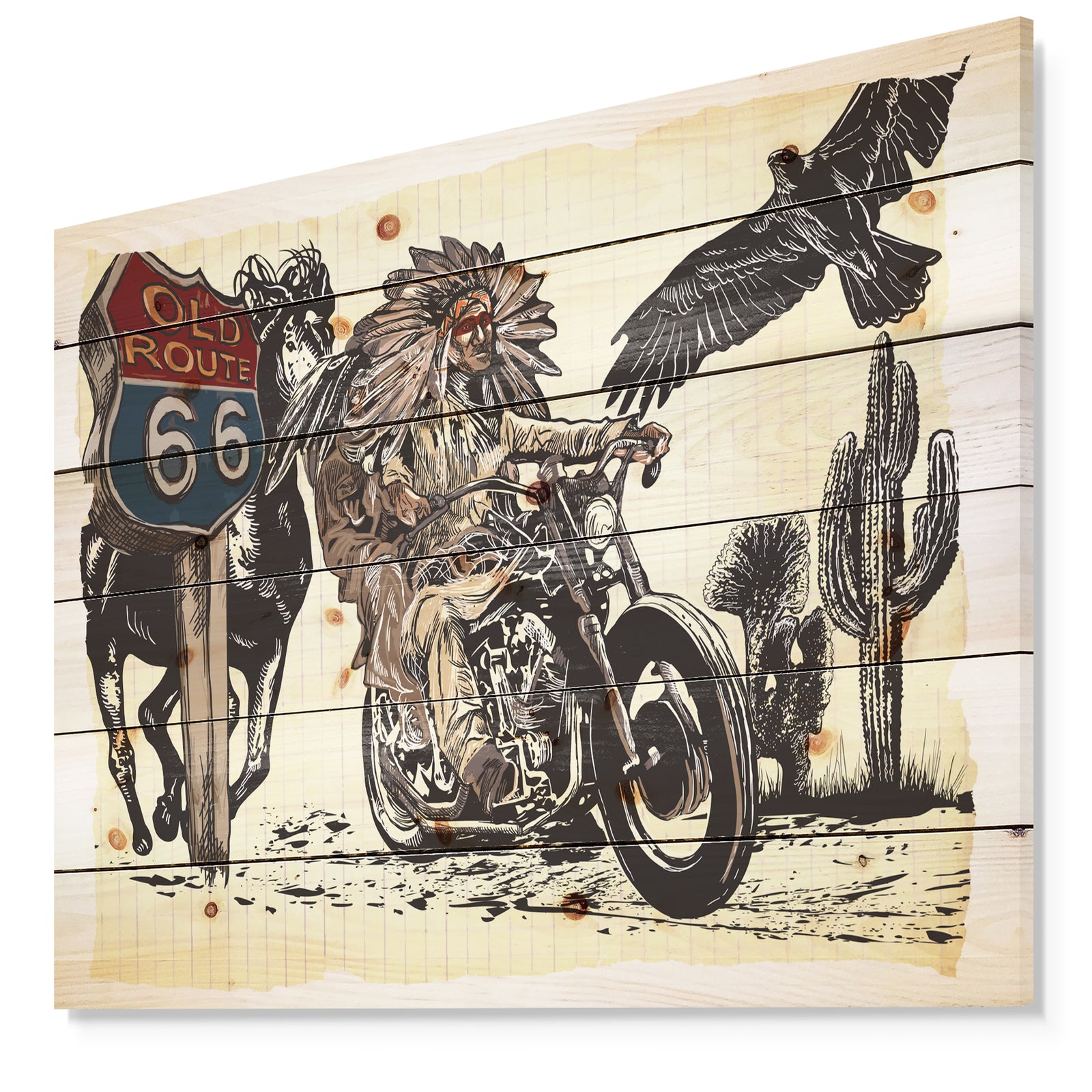 Native American in Motorcycle - Sketch of Indian Animals Painting Print on Natural Pine Wood