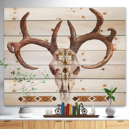Real Deer Antler Sketch - Farmhouse Animal Painting Print on Natural Pine Wood